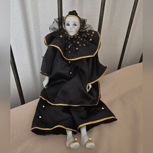 Vintage Harlequin Clown Doll with Black and Gold Accents